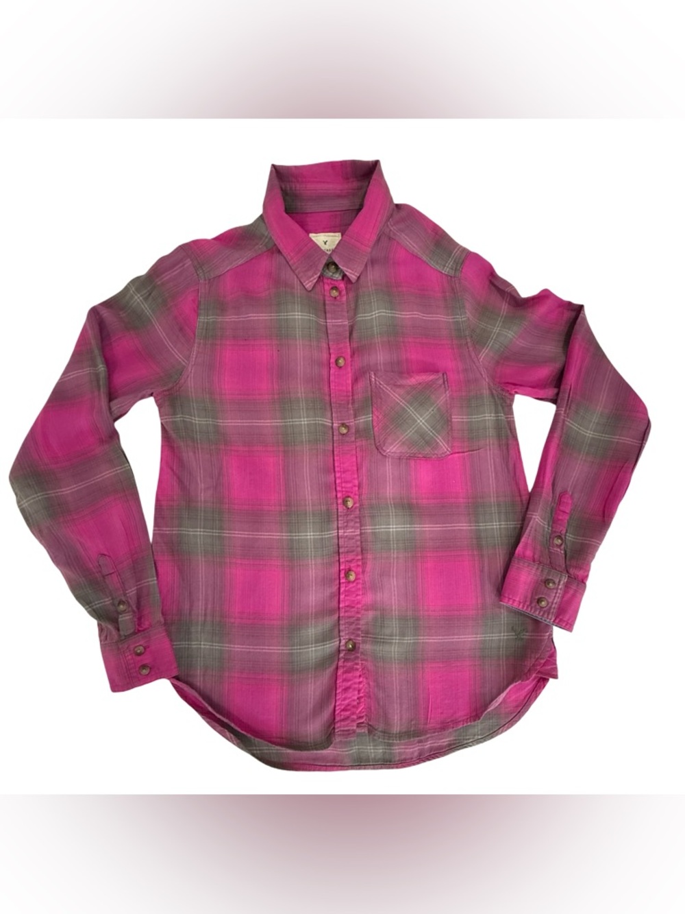 American Eagle Vintage Boyfriend Pink Gray Plaid Flannel Button-Down XS - Picture 9 of 14